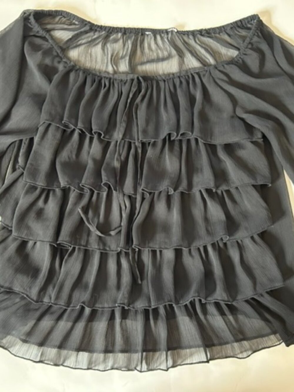 Black Chiffon Sheer Chic Ruffle Tiered Blouse Top Size Medium - Great Condition